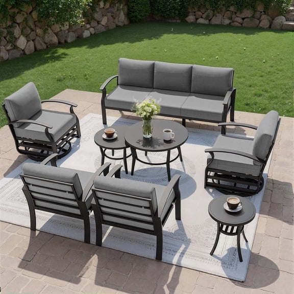 Gotland 7 Piece Aluminum Patio Furniture Set,Modern Metal Outdoor Patio Furniture w/5.1'' Thick Cushion,Swivel Chairs and Round Coffee Table,Patio Conversation Sets for Porch,Deck,Gray