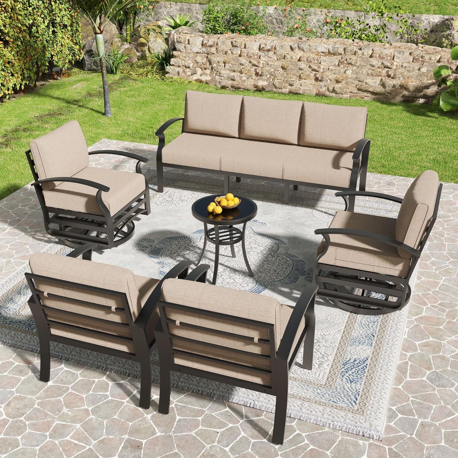 Gotland 7-Piece Aluminum Patio Furniture with Coffee Table, Sand