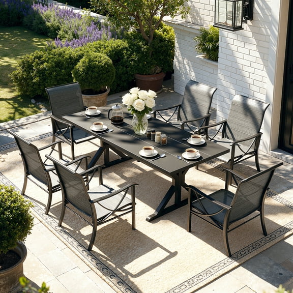 Gotland 7 Piece Outdoor Dining Set, Metal Outdoor Table and Chairs with Spider Legs, Patio Furniture Set with 6 Teslin Single Chairs, Patio Dining Sets for Backyard Deck Brown