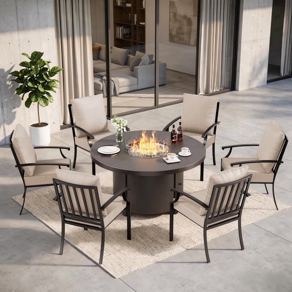 Gotland 7-Piece Outdoor Patio Dining Set, 48 Inch Round Propane Fire Pit Table with 6 Fixed Rocking Chairs, All Weather Patio Conversation Furniture for Backyard Deck Garden, Sand