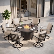 Gotland 7-Piece Outdoor Patio Dining Set, 48 Inch Round Propane Fire Pit Table with 6 Swivel Rocking Chairs, All Weather Patio Conversation Furniture for Backyard Deck Garden, Sand
