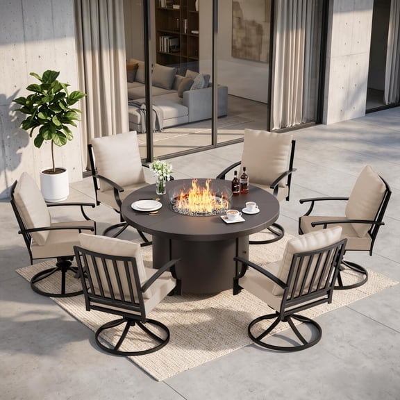 Gotland 7-Piece Outdoor Patio Dining Set, 48 Inch Round Propane Fire Pit Table with 6 Swivel Rocking Chairs, All Weather Patio Conversation Furniture for Backyard Deck Garden, Sand