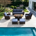 thumbnail image 1 of Gotland 7-Piece Outdoor Patio Furniture Set, 3-Seat Sofa, 2 Wicker Swivel Chairs, coffee Table, 2 Ottomans & Wicker Fire Pit Table, All-Weather Outdoor Set, Navy Blue, 1 of 6