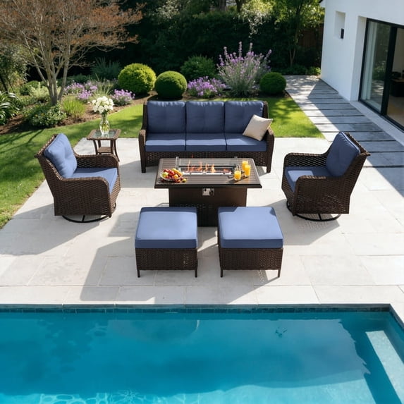 Gotland 7-Piece Outdoor Patio Furniture Set, 3-Seat Sofa, 2 Wicker Swivel Chairs, coffee Table, 2 Ottomans & Wicker Fire Pit Table, All-Weather Outdoor Set, Navy Blue