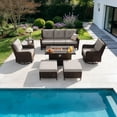 thumbnail image 1 of Gotland 7-Piece Outdoor Patio Furniture Set, 3-Seat Sofa, 2 Wicker Swivel Chairs, coffee Table, 2 Ottomans & Wicker Fire Pit Table, All-Weather Outdoor Set, Sand, 1 of 6
