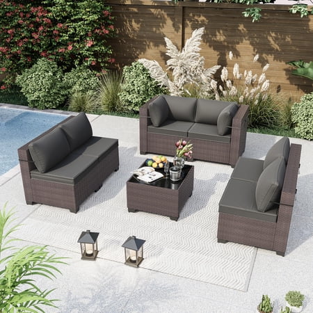 Gotland 7 Piece Outdoor Patio Furniture Set PE Rattan Wicker Patio Sectional Sofa Conversation Set(Red)