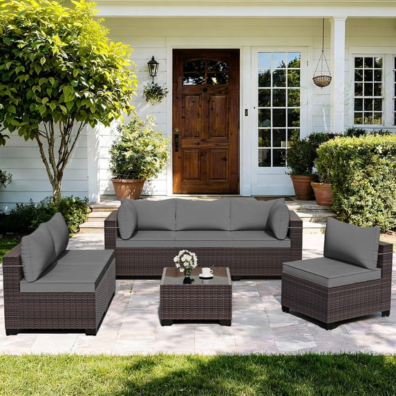 Gotland 7 Piece Outdoor Patio Furniture Set PE Rattan Wicker Patio Sectional Sofa Conversation Set(Red)