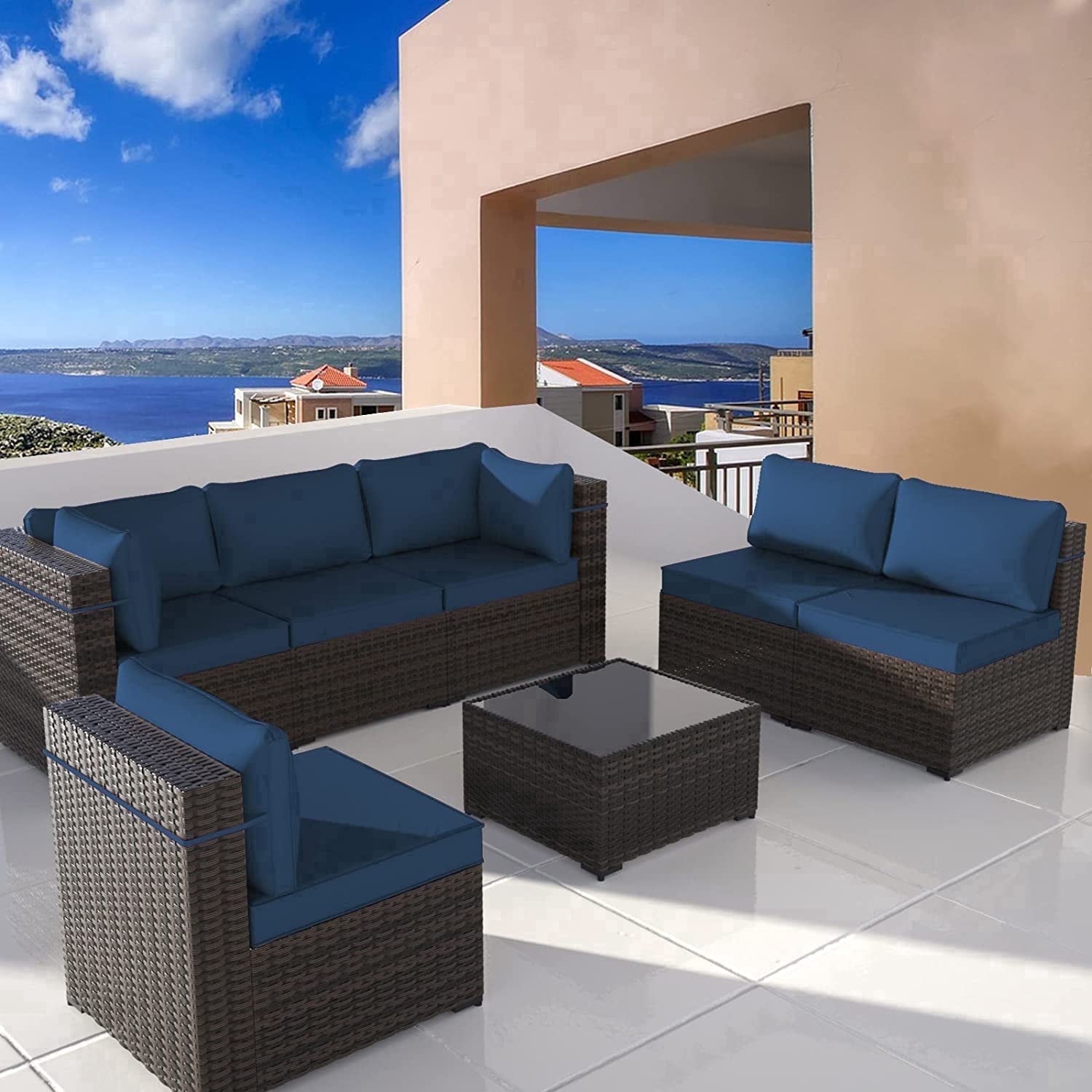 Gotland 7 Piece Outdoor Patio Furniture Set PE Rattan Wicker Patio Sectional Sofa Conversation Set Tempered Glass (Navy Blue)