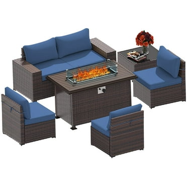 Gotland 7 Piece Outdoor Patio Furniture Set with 43“ Gas Fire Pit Table Patio Furniture Sectional Sofa Set (navy blue)