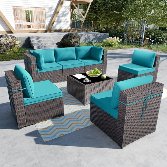 Gotland 7 Piece Outdoor Patio Furniture Sets, Outdoor Furniture Patio Sectional Sofa, All Weather Woven