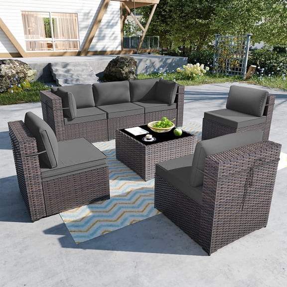 Gotland 7 Piece Outdoor Patio Furniture Sets, Outdoor Furniture Patio Sectional Sofa, All Weather Woven Wicker Patio Sofa Brown PE Rattan Patio Conversation Set (Grey)