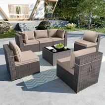 Gotland 7 Piece Outdoor Patio Furniture Sets, Outdoor Furniture Patio Sectional Sofa, All Weather Woven Wicker Patio Sofa Brown PE Rattan Patio Conversation Set (Sand)