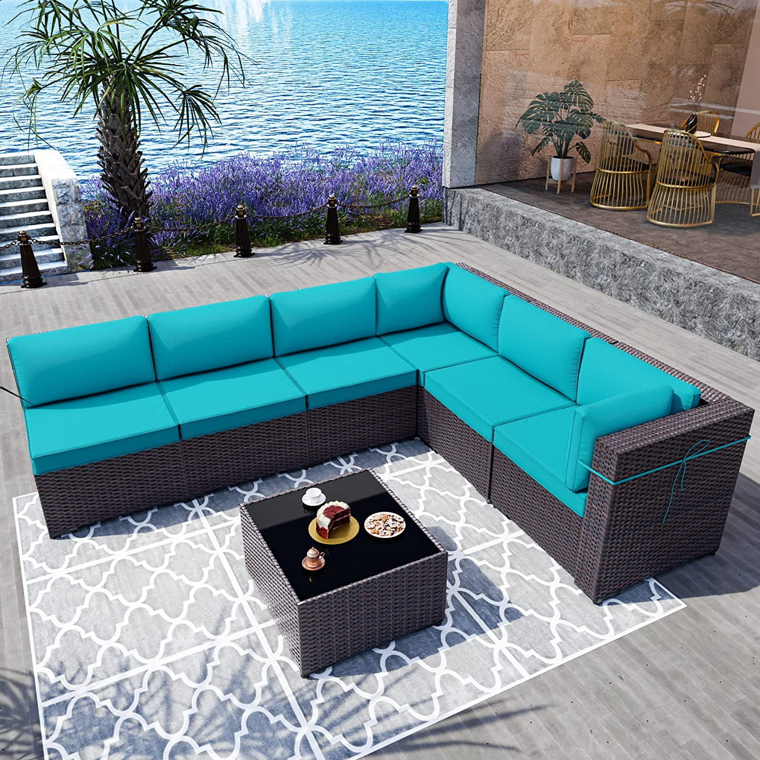 Gotland 7 Piece Patio Conversation Set,Rattan Wicker Outdoor Furniture