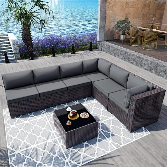 Gotland 7 Piece Patio Conversation Set,Rattan Wicker Outdoor Furniture Patio Sectional Sofa(Grey)
