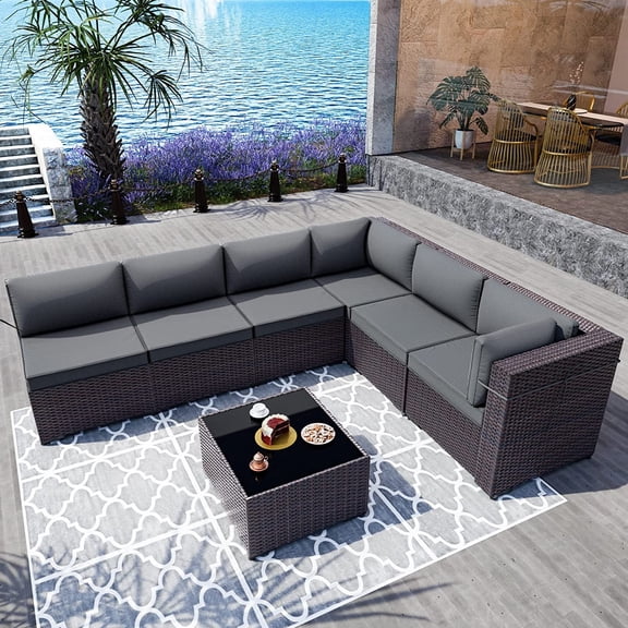 Gotland 7 Piece Patio Conversation Set,Rattan Wicker Outdoor Furniture Patio Sectional Sofa(Grey)