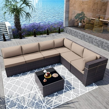 Gotland 7 Piece Patio Conversation Set,Rattan Wicker Outdoor Furniture Patio Sectional Sofa(Sand)
