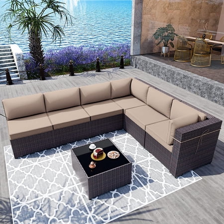 Gotland 7 Piece Patio Conversation Set,Rattan Wicker Outdoor Furniture Patio Sectional Sofa(Sand)