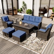 Gotland 7-Piece Patio Furniture Set, Outdoor Thick Wicker Sectional Sofas with 2 Swivel Chairs, High Back Sectional Sofa Couch, Outdoor Conversation Set for Backyard, Porch, Deck, Navy Blue