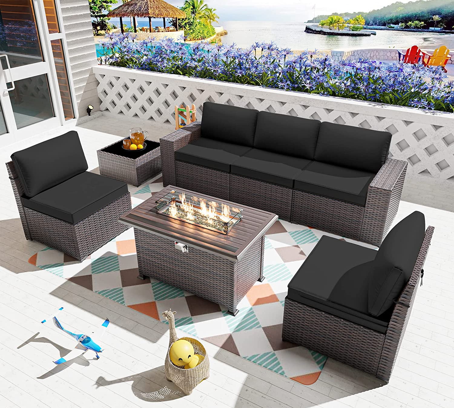 Gotland 7 Pieces Outdoor Patio Furniture Set with 43" Fire Pit Table ...