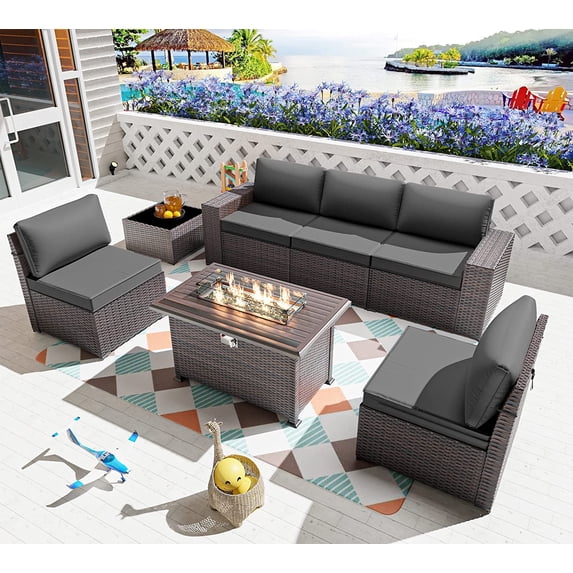 Gotland 7 Pieces Outdoor Patio Furniture Set with 43" Fire Pit Table Sets Outdoor Furniture Patio Conversation Set (Grey)