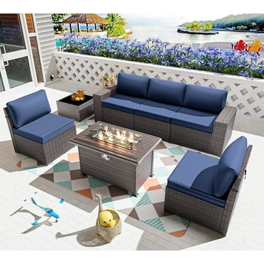 Gotland 7 Pieces Outdoor Patio Furniture Set with 43" Fire Pit Table Sets Outdoor Furniture Patio Conversation Set (Navy Blue)