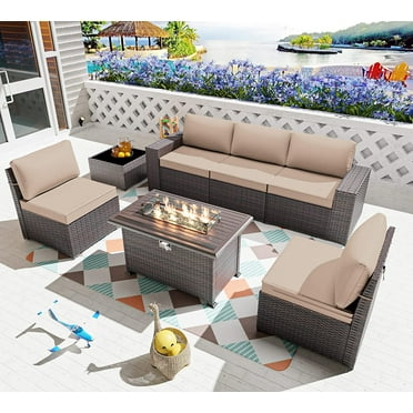 Gotland 7 Pieces Outdoor Patio Furniture Set with 43" Fire Pit Table Sets Outdoor Furniture Patio Conversation Set (Sand)