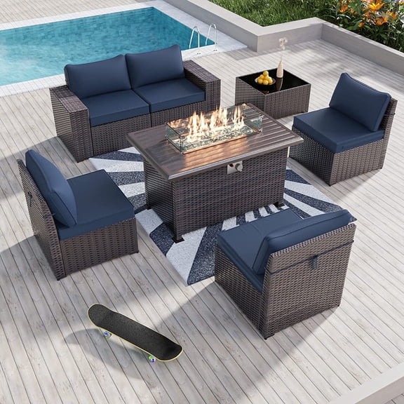 Gotland 7 Pieces Outdoor Patio Furniture Set with 43" Gas Propane Fire Pit Table PE Wicker Rattan Sectional Sofa Patio Conversation Sets,Navy Blue
