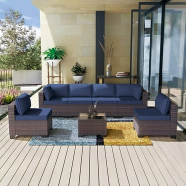 Kullavik 7 Pieces Outdoor Patio Furniture Wicker Rattan Sectional Sofa Patio Conversation Sets,Navy Blue
