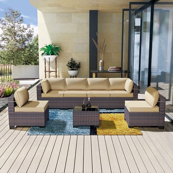 Kullavik 7 Pieces Outdoor Patio Furniture Wicker Rattan Sectional Sofa Patio Conversation Sets,Sand