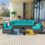 Kullavik 7 Pieces Outdoor Patio Furniture Wicker Rattan Sectional Sofa Patio Conversation Sets,Tempered Glass Blue