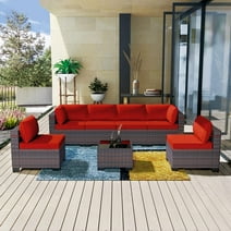 Gotland 7 Pieces Outdoor Patio Furniture Wicker Rattan Sectional Sofa Patio Conversation Sets, Tempered Glass Table Red
