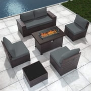 Gotland 7 Pieces Outdoor Patio Furniture with 43"Fire Pit Table, PE Rattan, Steel Sofa Set, Grey