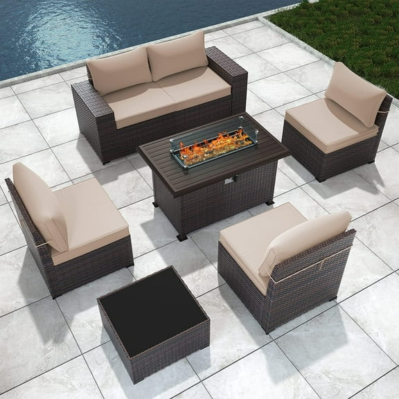 Gotland 7 Pieces Outdoor Patio Furniture with 43"Fire Pit Table, Steel, PE Rattan Sofa Set,Sand