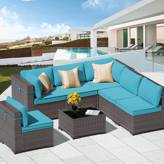 Gotland 7 Pieces Patio Conversation Set Outdoor Sectional Sofa Set PE Rattan Sectional sofa Set (blue)