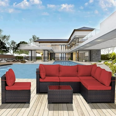 Gotland 7 Pieces Patio Conversation Set Outdoor Sectional Sofa Set PE Rattan Sectional sofa Set (red)
