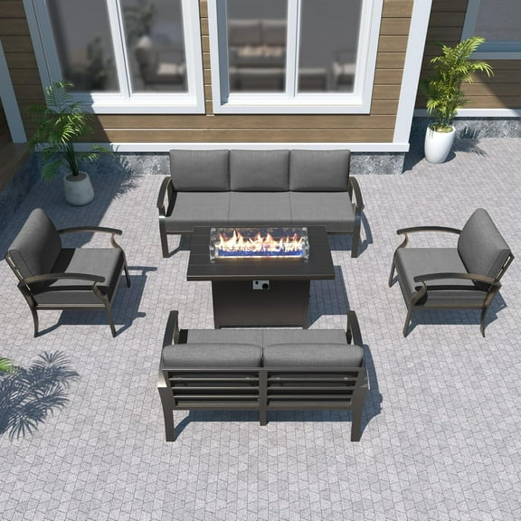 Gotland 7 Seats Outdoor Metal Patio Furniture Set with 55,000 BTU Gas Fire Pit Table w/Glass Wind Guard Patio Conversation Sectional Sofa Sets-Grey