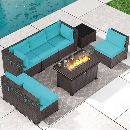 Gotland 8 Piece Outdoor Patio Furniture Set with 43“ Gas Fire Pit Table Patio Furniture Sectional Sofa Set (blue)