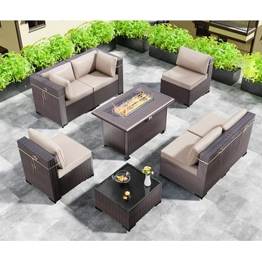 Gotland 8 Pieces Outdoor Higher Density Sponge, PE Rattan Wicker Patio Furniture Set with Fire Pit Table