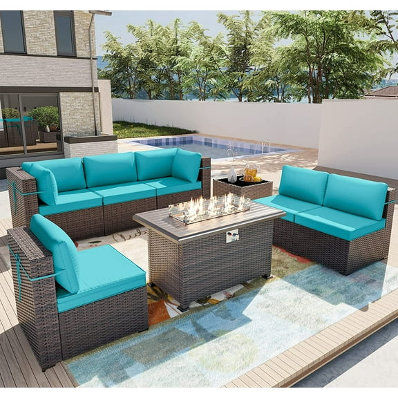 Gotland 8 Pieces Outdoor Patio Furniture Set with 43" Propane Fire Pit Table, PE Rattan Patio Conversation Set (Blue)