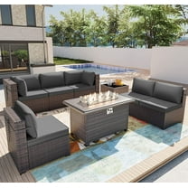 Gotland 8 Pieces Outdoor Patio Furniture Set with 43" Propane Fire Pit Table, PE Rattan Patio Conversation Set (Grey)