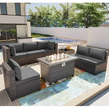 Gotland 8 Pieces Outdoor Patio Furniture Set with 43" Propane Fire Pit Table, PE Rattan Patio Conversation Set (Grey)
