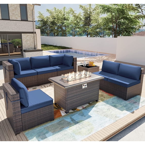 Gotland 8 Pieces Outdoor Patio Furniture Set with 43" Propane Fire Pit Table, PE Rattan Patio Conversation Set (Navy Blue)
