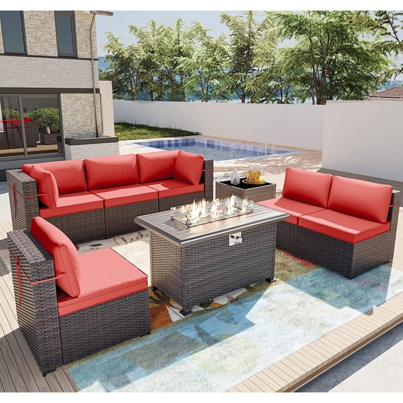 Gotland 8 Pieces Outdoor Patio Furniture Set with 43" Propane Fire Pit Table, PE Rattan (Red)