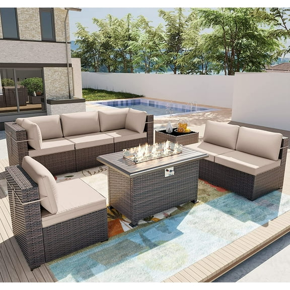 Gotland 8 Pieces Outdoor Patio Furniture with 43"Fire Pit Table, Steel, PE Rattan Sofa Set,Sand