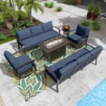 thumbnail image 1 of Gotland 8 Seats Outdoor Metal Patio Furniture Set with 2 Swivel Rocking Chairs&55,000 BTU Gas Fire Pit Table w/Glass Wind Guard Patio Conversation Sectional Sofa Sets-Navy, 1 of 9