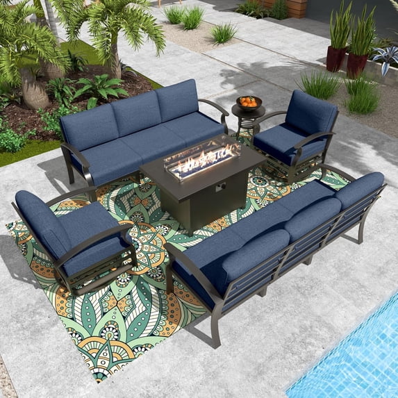 Gotland 8 Seats Outdoor Metal Patio Furniture Set with 2 Swivel Rocking Chairs&55,000 BTU Gas Fire Pit Table w/Glass Wind Guard Patio Conversation Sectional Sofa Sets-Navy