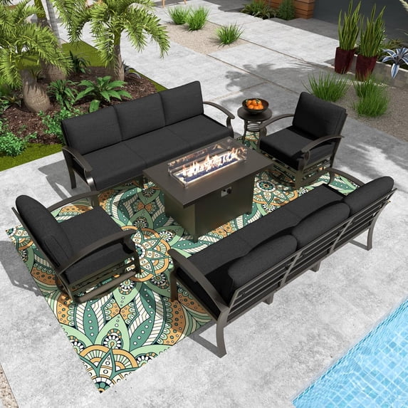 Gotland 8 Seats Outdoor Metal Patio Furniture Set with 2 Swivel Rocking Chairs&55,000 BTU Gas Fire Pit Table w/Glass Wind Guard Patio Conversation Sectional Sofa Sets-Black