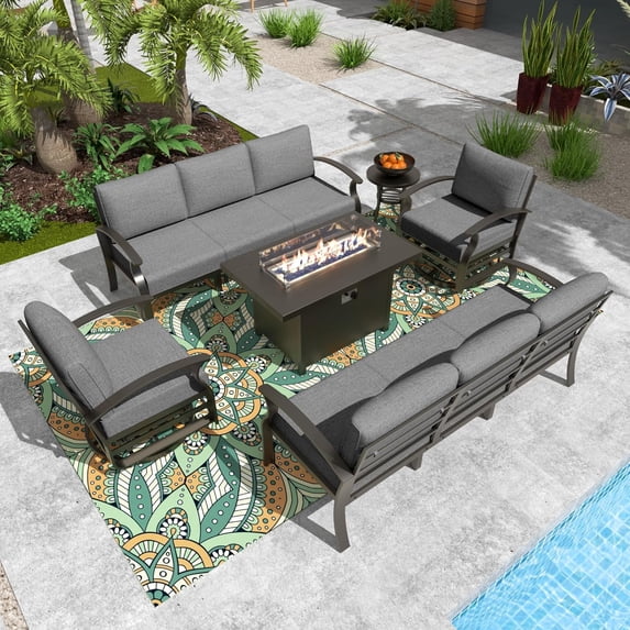 Gotland 8 Seats Outdoor Metal Patio Furniture Set with 2 Swivel Rocking Chairs&55,000 BTU Gas Fire Pit Table w/Glass Wind Guard Patio Conversation Sectional Sofa Sets-Grey