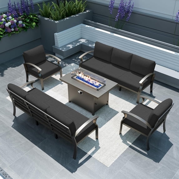 Gotland 8 Seats Outdoor Metal Patio Furniture Set with 55,000 BTU Gas Fire Pit Table w/Glass Wind Guard Patio Conversation Sectional Sofa Sets-Black