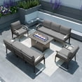 thumbnail image 1 of Gotland 8 Seats Outdoor Metal Patio Furniture Set with 55,000 BTU Gas Fire Pit Table w/Glass Wind Guard Patio Conversation Sectional Sofa Sets-Grey, 1 of 9